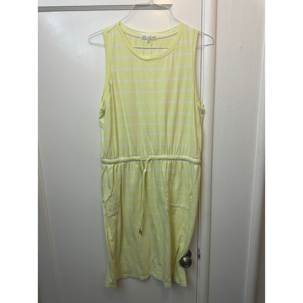 C&C California Yellow White Striped Sleeveless Drawstring Waist Pocket Dress XL